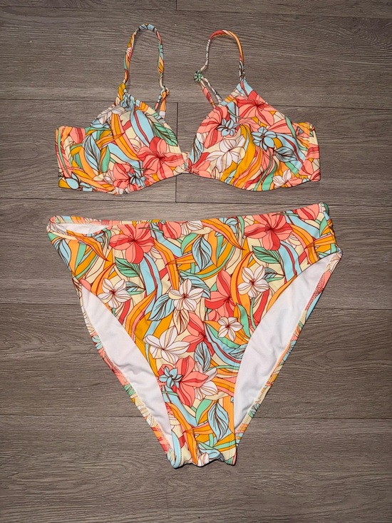 Xhilaration Other - Floral High-Waist Bikini Set — Coral, Teal & Yellow
